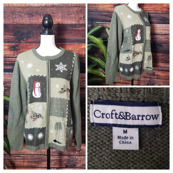 Croft & Barrow Sweater Size M Christmas Embroidered Holiday Ramie Silk Full Zip - Picture 1 of 11